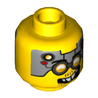 Minifig Head Drillex, Dual Sided, Glasses with Silver Goggles, Metal Plates with Circuitry on Forehead, Smiling / Angry Print [Hollow Stud]