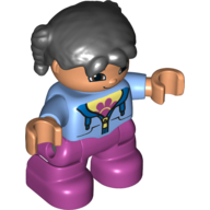 Duplo Figure Child with Pigtails Black, with Magenta Legs, Jacket over Light Yellow Shirt with Paw Print