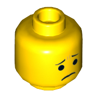 Minifig Head Emmet, Dual Sided, Open Lopsided Smile / Pinched Eyebrows and Frown Print [Hollow Stud]