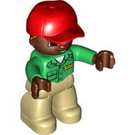Duplo Figure with Cap Red, with Green Long Sleeve Shirt with 'ZOO' on Front and Back, Dark Brown Face and Hands, Tan Legs