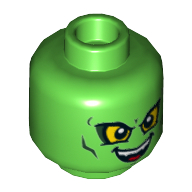 Minifig Head Green Goblin, Dual Sided, Yellow Eyes, Evil Smile / Downturned Mouth Print [Hollow Stud]