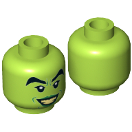 Minifig Head Wicked Witch, Female, Black Thick Eyebrows, Green Lips and Open Smile with Bright Light Yellow Teeth Print [Hollow Stud]