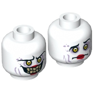 Minifig Head Jestro, Dual Sided, Sunken Yellow Eyes, Red Lips, Evil Smile with Teeth / Confused Print [Hollow Stud]