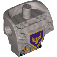 Image of part Minifig Modified Torso, Armor with Pin Holes with Orange and Gold Circuitry Pattern #1 and Orange Bull Head on Dark Purple Pentagonal Shield Print