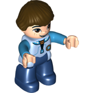 Duplo Figure with 'Bowl Cut' Brown Hair - Light Bluish Gray Spacesuit with Badge and Medium Azure Sleeves - Light Nougat Hands and Face with Freckles - Dark Blue Legs  (Miles)