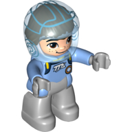 Duplo Figure with Helmet (Space), Light Bluish Gray Legs and Hands, Medium Blue Spacesuit with Badge, Light Nougat Face with Freckles
