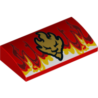 Slope Brick Curved 2 x 4 x 2/3 No Studs, with Bottom Tubes and Flames and Gold Lion Head Print