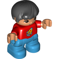 Duplo Figure Child, Hair Combed Forward with Curl Black, Red Top with Rocket Ship Print - Nougat Face and Hands - Dark Azure Legs