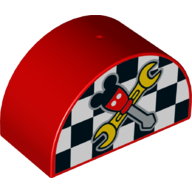 Duplo Brick 2 x 4 x 2 Curved Top - Checkered Flag and Crossed Tools with Mouse Ears Print