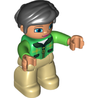Duplo Figure with Thick Short Hair Combed over Forehead and Bun Black, with Green Top - Tan Legs