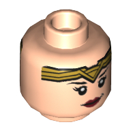 Minifig Head Wonder Woman, Dual Sided, Gold Tiara and Red Lips, Lopsided Smile / Clenched Teeth Print [Hollow Stud]