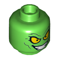 Minifig Head Green Goblin, Dual Sided, Yellow Eyes, Angry / Wide Evil Grin Print [Hollow Stud]