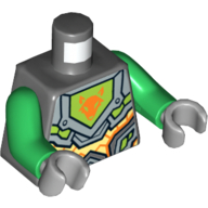 Torso Armor with Orange and Gold Circuitry and Lime Emblem Framed with Orange Fox Head Print, Green Arms, Light Bluish Gray Hands