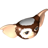 Minifig Head Special with Light Nougat Ears and Face, Dark Brown Eyes, White Fur on Head and Around Right Eye Print (Gremlin Mogwai)