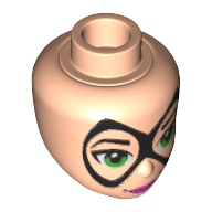 Minidoll Head with Thin Black Pointed Mask, Bright Green Eyes and Dark Pink Lips Print (Batgirl)