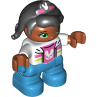 Duplo Figure Child, Hair with Bangs Black and Dark Pink Hairclip with Rabbit Decoration, White Top with Dark Pink and Lime Stripes over Dark Pink Shirt with Rabbit Print