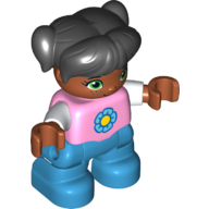 Duplo Figure Child with Ponytails and Bangs Black, with Top with White Sleeves and Yellow and Dark Azure Flower Print - Medium Nougat Face and Arms - Dark Azure Legs