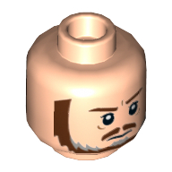 Minifig Head Qui-Gon Jinn, Dual Sided, Brown and Gray Beard, Brown Eyebrows, Moustache, White Pupils, Frown / Scared Print [Hollow Stud]