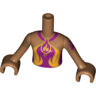 Minidoll Torso Girl with Magenta Top, Gold and Orange Fire Symbol and Trim Print, Medium Nougat Arms with Hands with Dark Purple Elves Tattoo Left Print