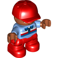 Duplo Figure Child with Cap Red, with Medium Blue Shirt with White Red Blue Stripes - Medium Nougat Face and Hands - Red Legs