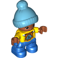 Duplo Figure Child with Knitted Bobble Cap Medium Azure, with Yellow Top with Bib - Medium Nougat Face and Hands - Blue Legs