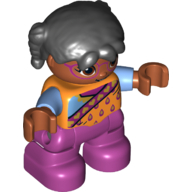 Duplo Figure Child with Pigtails Black, with Bright Light Orange Top with Light Blue Sleeves - Magenta Glasses - Magenta Legs