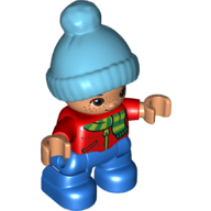 Duplo Figure Child with Knitted Bobble Cap Medium Azure, with Red Top with Green and Lime Striped Scarf - Nougat Face and Hands - Blue Legs