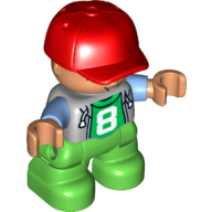 Duplo Figure Child with Cap Red, with Light Bluish Gray Top with Medium Blue Sleeves over Green Shirt with '8' - Nougat Face and Hands - Green Legs