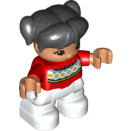 Duplo Figure Child with Ponytails and Bangs Black, with Red Sweater with a line of Orange Diamonds on White Diamonds - Nougat Face and Hands - White Legs
