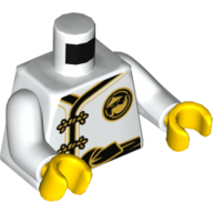 Torso Robe with Gold Frog Clasps and Knotted Black Sash, Small Gold Emblem / Large on Back Print (Sensei Wu), White Arms, Yellow Hands