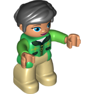 Duplo Figure with Thick Short Hair Combed over Forehead and Bun Black, with Green Jacket with Zipper - Nougat Face and Hands - Tan Legs