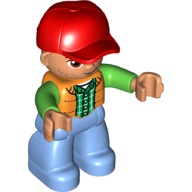 Duplo Figure with Cap Red, with Orange Vest over Green Long Sleeve Shirt - Medium Blue Legs