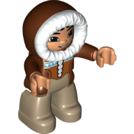 Duplo Figure with Fur-lined Hood - Nougat Face and Hands - Reddish Brown Parka - Dark Tan Legs