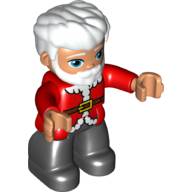 Duplo Figure with Thick Hair Combed Forward and Beard White, Red Jacket with White Trim and Belt with Buckle Print, Black Legs (Santa)
