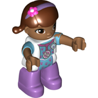 Duplo Figure with Reddish Brown Hair with Purple Headband with Flower, and White Jacket over Medium Azure Top with Dark Pink Paw Prints, Medium Nougat Face and Hands, Medium Lavender Legs (Doc McStuffins)