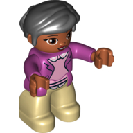 Duplo Figure with Thick Short Hair Combed over Forehead and Bun Black, with Magenta Jacket over Pink Blouse Print - Medium Nougat Face and Hands - Tan Legs