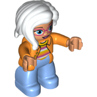 Duplo Figure with Long Hair Section in Front, with Orange Jacket over Striped Top Print, and Medium Blue Legs