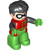 Duplo Figure with Thick Hair Combed Forward, with Bright Green Legs and Hand, Black Arms, and Robin Logo Print