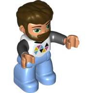 Duplo Figure with Thick Hair Combed Forward and Beard Dark Brown, Medium Blue Legs, Black Arms, Multi-colored Triangles on Shirt Print