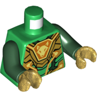 Torso Armor with Gold Plates and Orange Hexagon with Fox Head Print (Aaron), Dark Green Arms, Pearl Gold Hands
