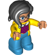 Duplo Figure with Long Hair Section in Front, with Blue Eyes with Glasses, Dark Azure Legs, Magenta Sweater with White Collar Print