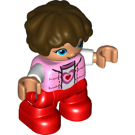 Duplo Figure Child with Short Wavy Hair Dark Brown, with Red Legs, Bright Pink Shirt with Heart Print