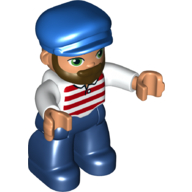 Duplo Figure with Cap Blue, with Beard, Dark Blue Legs, Red and White Striped Shirt Print