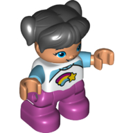 Duplo Figure Child with Ponytails and Bangs Black, with Dark Pink Legs, White and Medium Azure Top with Shooting Star Print
