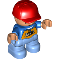 Duplo Figure Child with Cap Red, with Blue Shirt with 'SKATE' print - Medium Blue Legs