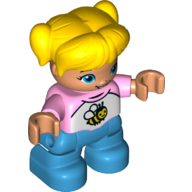 Duplo Figure Child with Ponytails and Bangs Yellow, with Dark Azure Legs, White and Pink Top with Bee Print