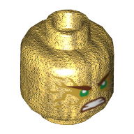 Minifig Head Lloyd, Dual Sided, Green Eyes with Gold Energy Effect, Frown / Clenched Teeth Print [Hollow Stud]