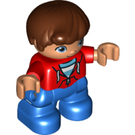 Duplo Figure Child, Hair Combed Forward with Curl Reddish Brown, Red Top with White and Medium Azure Undershirt, Zipper and Cords Print, Nougat Face and Hands, Blue Legs
