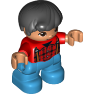 Duplo Figure Child, Hair Combed Forward with Curl Black, Red Top with Brown Suspenders and Plaid Print - Nougat Face and Hands - Dark Azure Legs