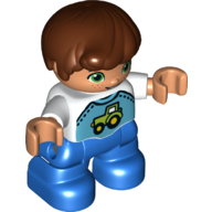 Duplo Figure Child, Hair Combed Forward with Curl Reddish Brown, White Top with Tractor Print - Nougat Face and Hands - Blue Legs